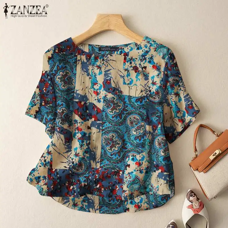 ZANZEA Summer Vintage Short Sleeve Blouse Women Bohemian Tops Tunic Retro Party Blusas Chemise Casual Floral Printed Work Shirt