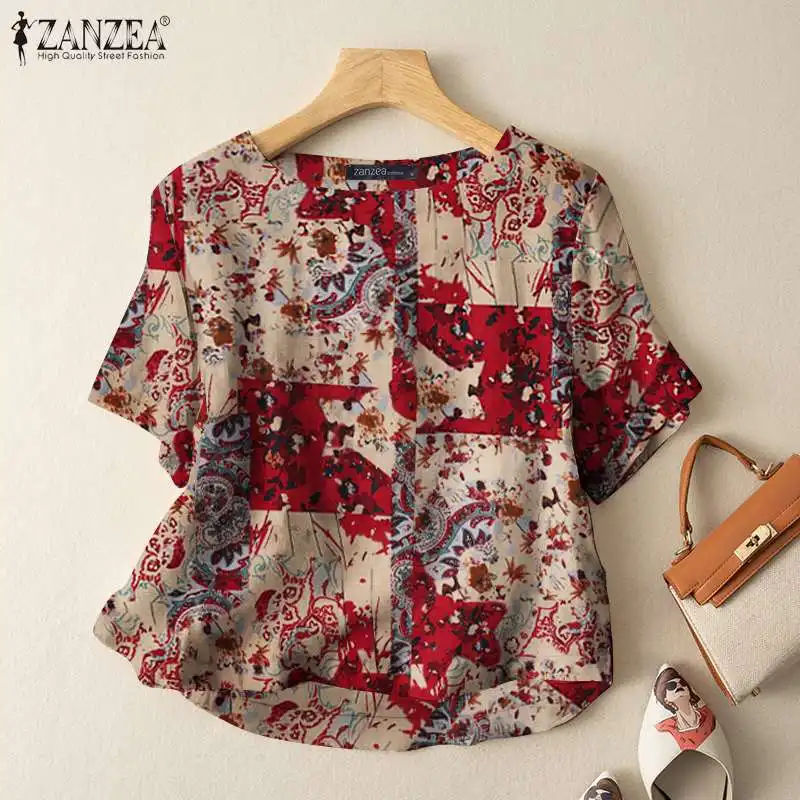 ZANZEA Summer Vintage Short Sleeve Blouse Women Bohemian Tops Tunic Retro Party Blusas Chemise Casual Floral Printed Work Shirt