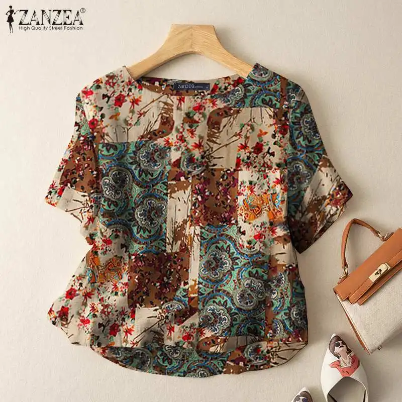 ZANZEA Summer Vintage Short Sleeve Blouse Women Bohemian Tops Tunic Retro Party Blusas Chemise Casual Floral Printed Work Shirt