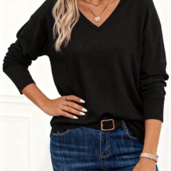 Plus-size women's V-neck long-sleeve knitted sweater, casual, soft, comfortable, and stylish for everyday wear.