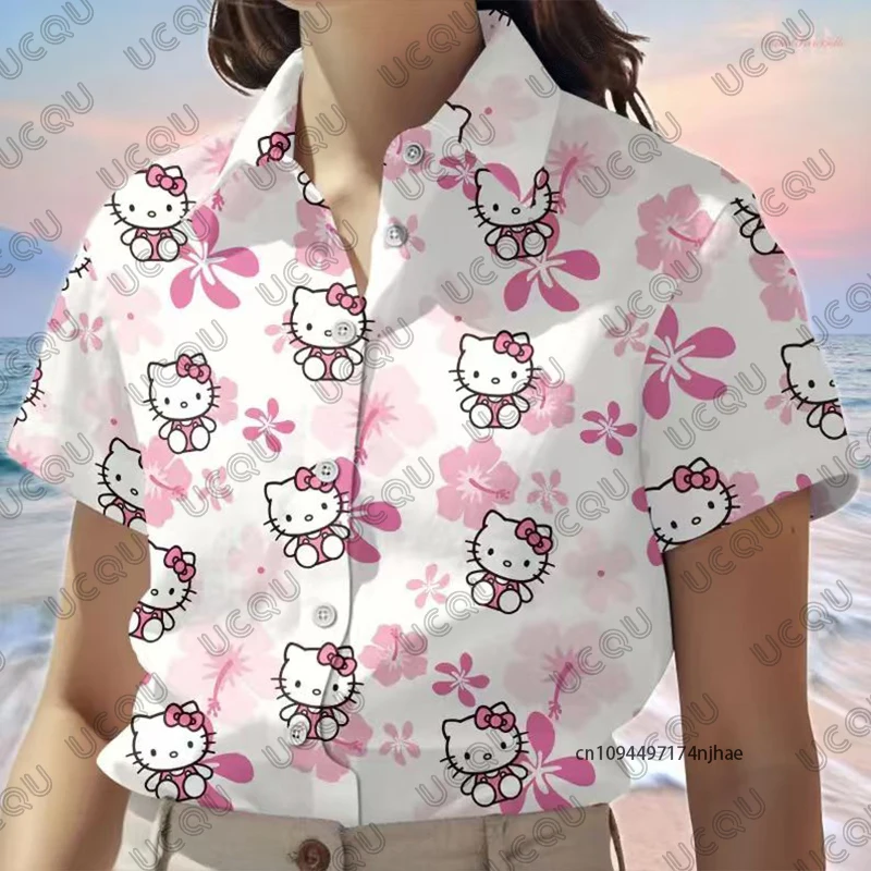 2026 New Women’s Hello Kitty Print Lapel Short Sleeve Hawaiian Shirt Summer Casual Vacation Female Clothes Couples Y2k Tops