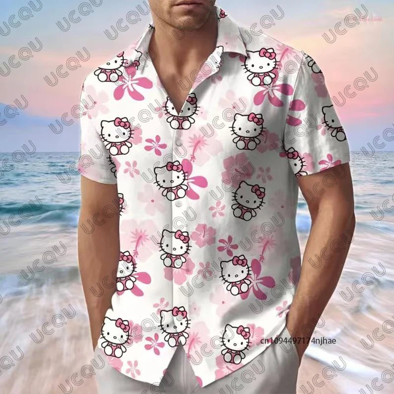2026 New Women’s Hello Kitty Print Lapel Short Sleeve Hawaiian Shirt Summer Casual Vacation Female Clothes Couples Y2k Tops