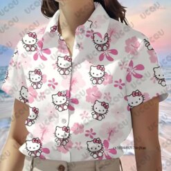 2026 New Women’s Hello Kitty Print Lapel Short Sleeve Hawaiian Shirt Summer Casual Vacation Female Clothes Couples Y2k Tops