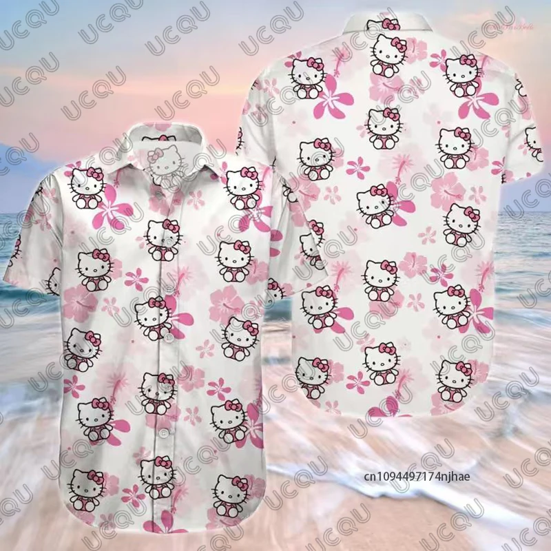 2026 New Women’s Hello Kitty Print Lapel Short Sleeve Hawaiian Shirt Summer Casual Vacation Female Clothes Couples Y2k Tops