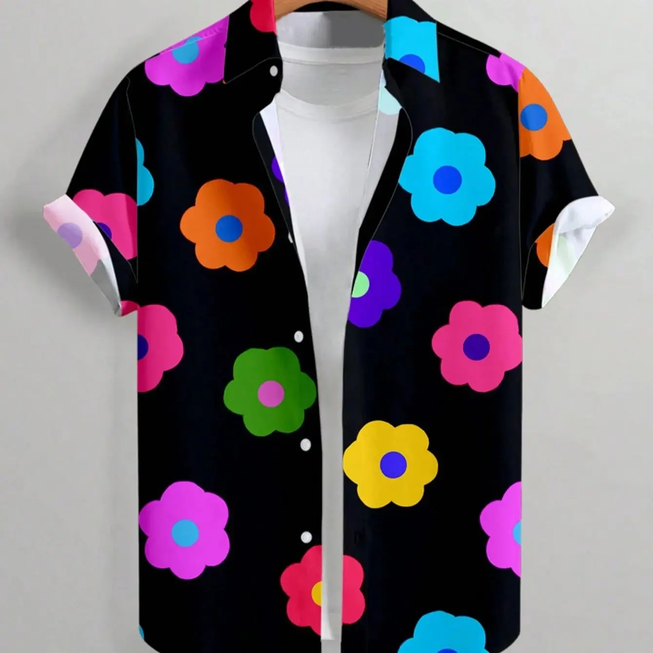 Summer Full Flower Print Hawaiian Vacation Shirt Short Sleeve Men's Casual Lapel Collar Women's Button Shirts