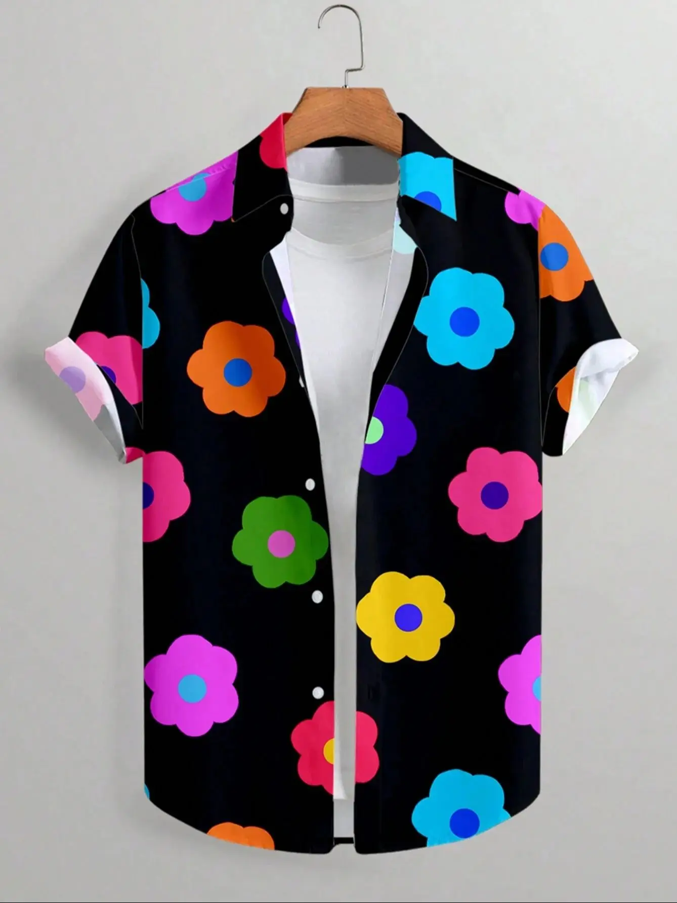 Summer Full Flower Print Hawaiian Vacation Shirt Short Sleeve Men's Casual Lapel Collar Women's Button Shirts