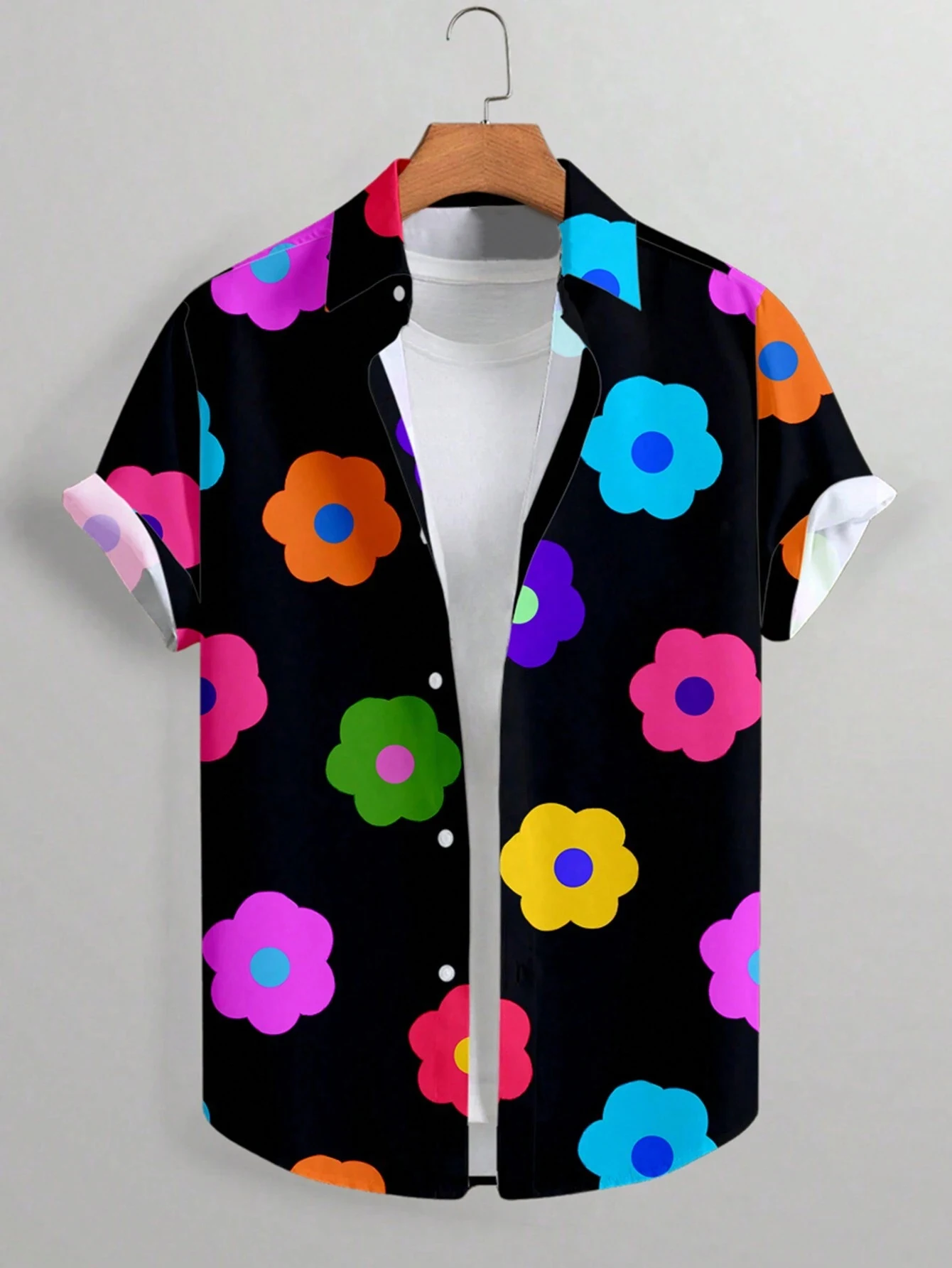 Summer Full Flower Print Hawaiian Vacation Shirt Short Sleeve Men's Casual Lapel Collar Women's Button Shirts