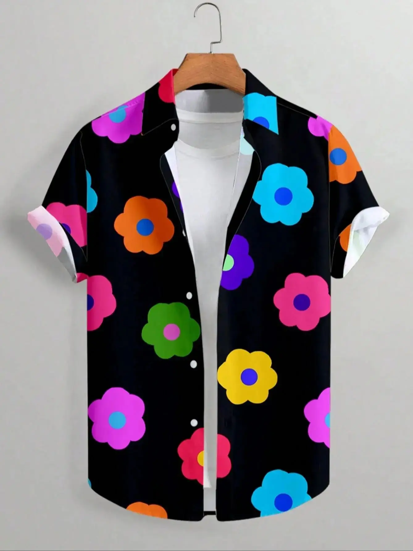 Summer Full Flower Print Hawaiian Vacation Shirt Short Sleeve Men's Casual Lapel Collar Women's Button Shirts