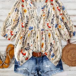 Ladies Floral Print Bubble Sleeve Casual Vacation 7/8 Length Shirt Elegant Feminine Summertime Top for Women