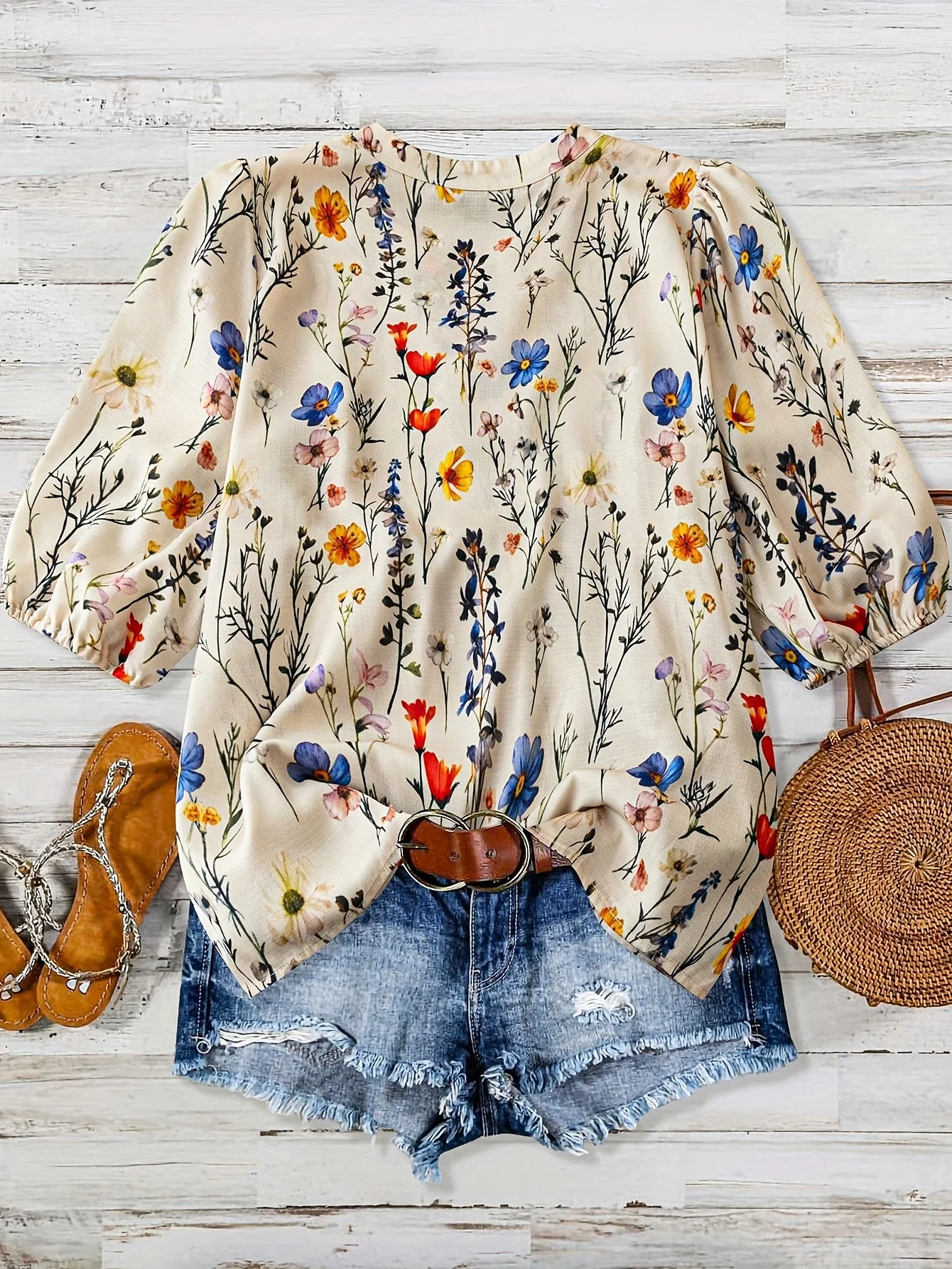 Ladies Floral Print Bubble Sleeve Casual Vacation 7/8 Length Shirt Elegant Feminine Summertime Top for Women