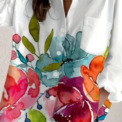Women's Floral Print Long Sleeve Casual Shirt With Pockets, Polyester Button- Collar Shirt Suitable For All Seasons
