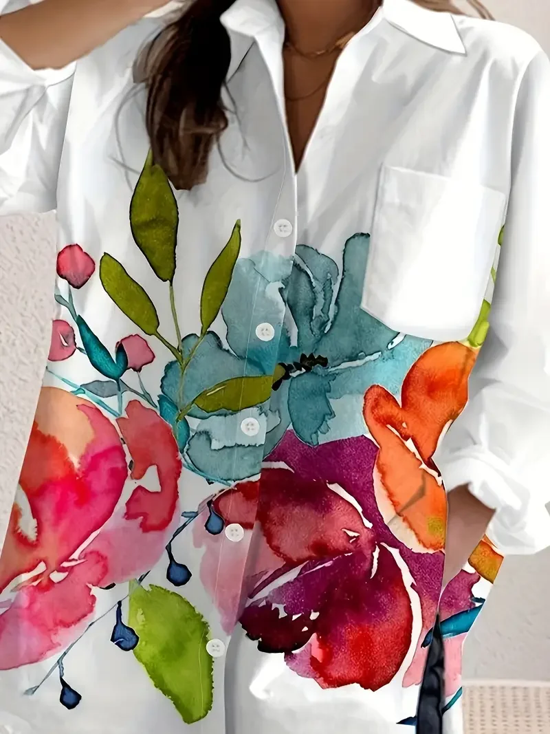 Women's Floral Print Long Sleeve Casual Shirt With Pockets, Polyester Button- Collar Shirt Suitable For All Seasons