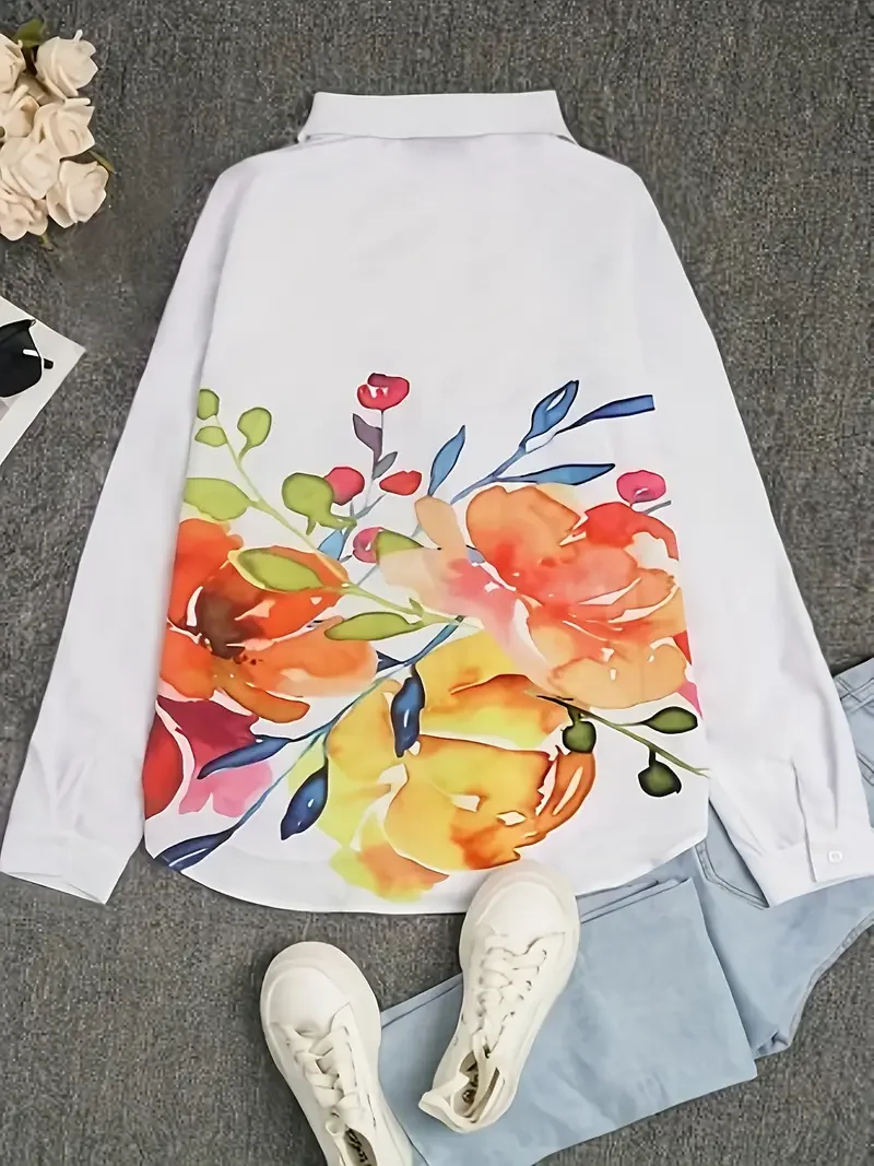 Women's Floral Print Long Sleeve Casual Shirt With Pockets, Polyester Button- Collar Shirt Suitable For All Seasons