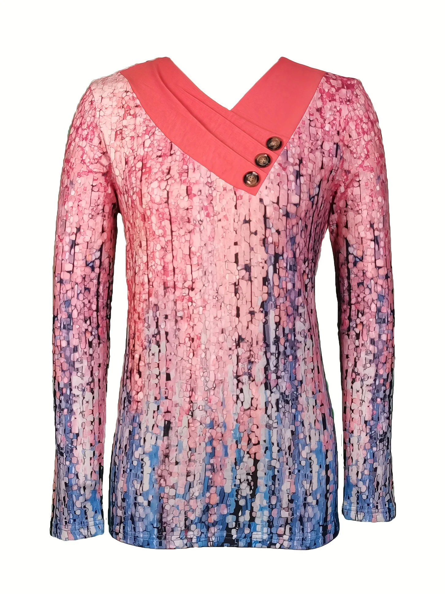 Women's Long-Sleeve Floral Print Top - Button Accents, Asymmetric Neckline, Drop Shoulders, Slim-Fit Shirt Blouse