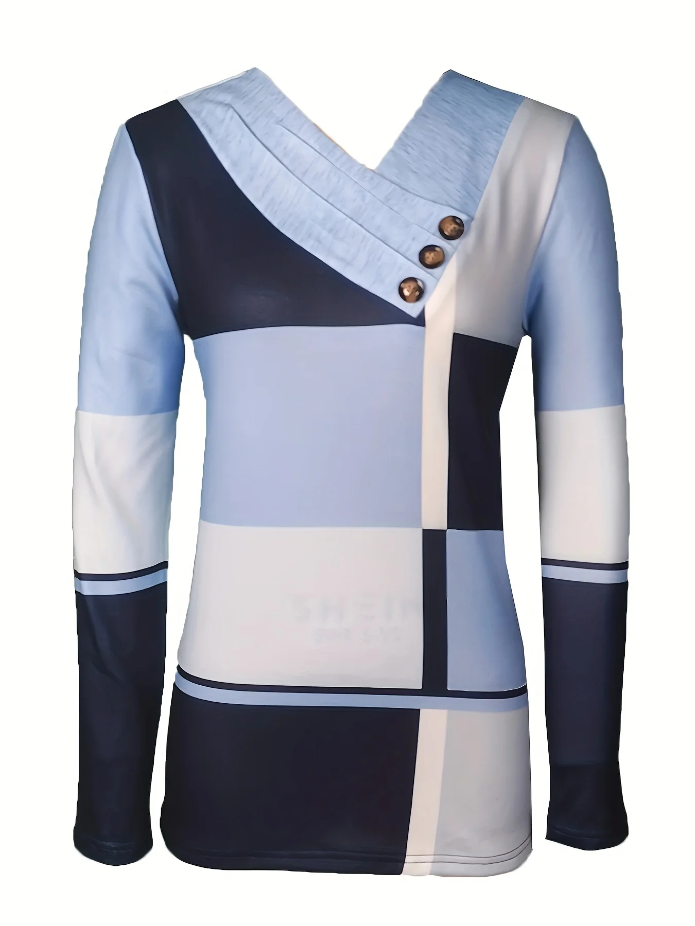 Women's Long-Sleeve Floral Print Top - Button Accents, Asymmetric Neckline, Drop Shoulders, Slim-Fit Shirt Blouse