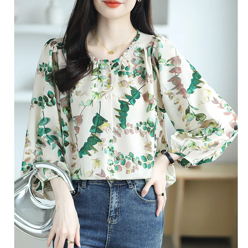 Women's Travel Vacation Casual Loose Long Sleeves Floral Blouse Wear Shirt Leaf Print Tops Mom's Clothes