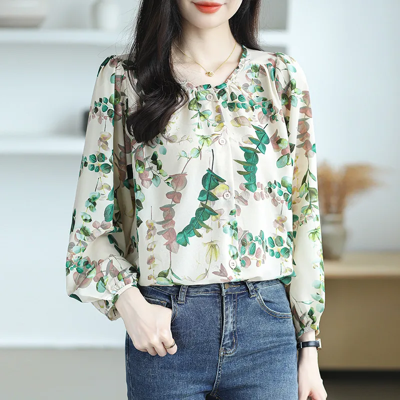 Women's Travel Vacation Casual Loose Long Sleeves Floral Blouse Wear Shirt Leaf Print Tops Mom's Clothes