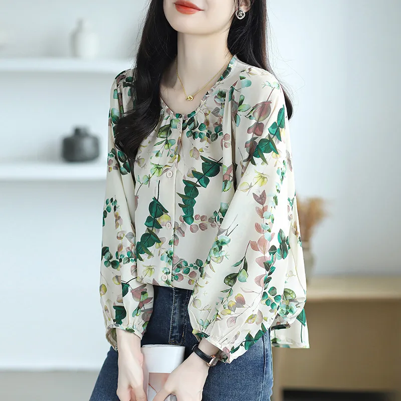 Women's Travel Vacation Casual Loose Long Sleeves Floral Blouse Wear Shirt Leaf Print Tops Mom's Clothes