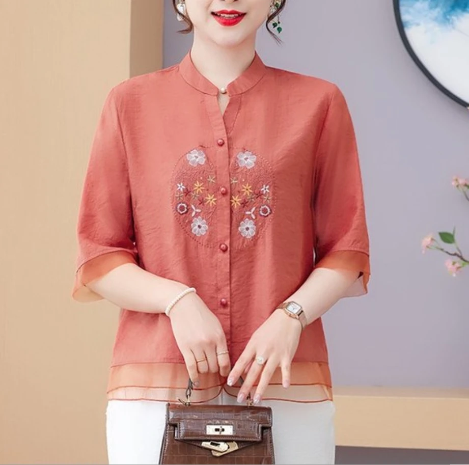 New Arrival Women Summer Casual Shirt Vintage Style V-neck Floral Embroidery Loose Female Half Sleeve Tops Shirts