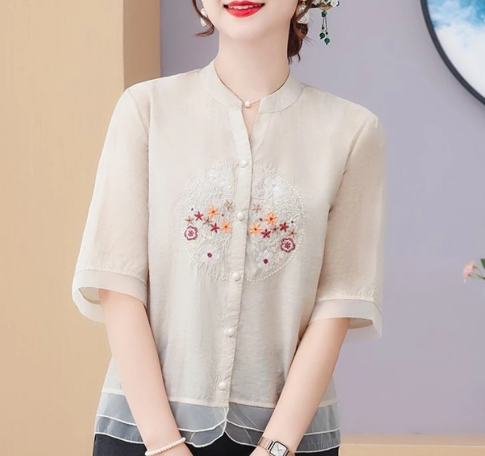 New Arrival Women Summer Casual Shirt Vintage Style V-neck Floral Embroidery Loose Female Half Sleeve Tops Shirts