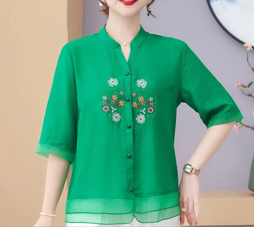 New Arrival Women Summer Casual Shirt Vintage Style V-neck Floral Embroidery Loose Female Half Sleeve Tops Shirts