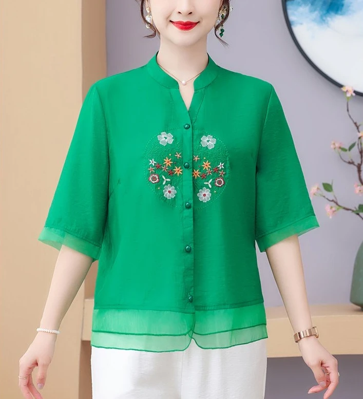New Arrival Women Summer Casual Shirt Vintage Style V-neck Floral Embroidery Loose Female Half Sleeve Tops Shirts