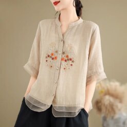 New Arrival Women Summer Casual Shirt Vintage Style V-neck Floral Embroidery Loose Female Half Sleeve Tops Shirts