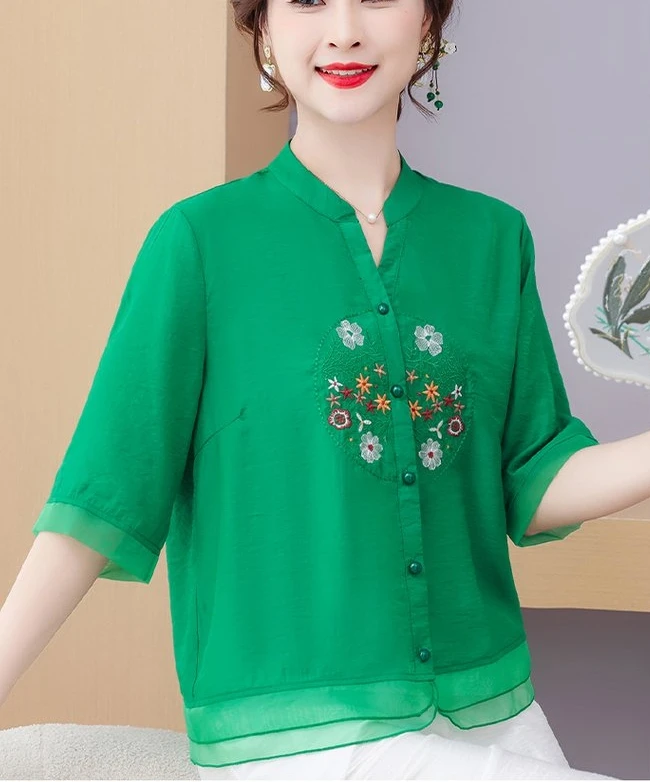 New Arrival Women Summer Casual Shirt Vintage Style V-neck Floral Embroidery Loose Female Half Sleeve Tops Shirts