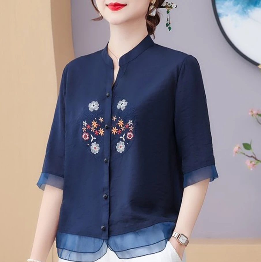 New Arrival Women Summer Casual Shirt Vintage Style V-neck Floral Embroidery Loose Female Half Sleeve Tops Shirts