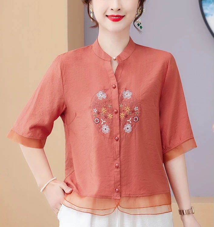 New Arrival Women Summer Casual Shirt Vintage Style V-neck Floral Embroidery Loose Female Half Sleeve Tops Shirts