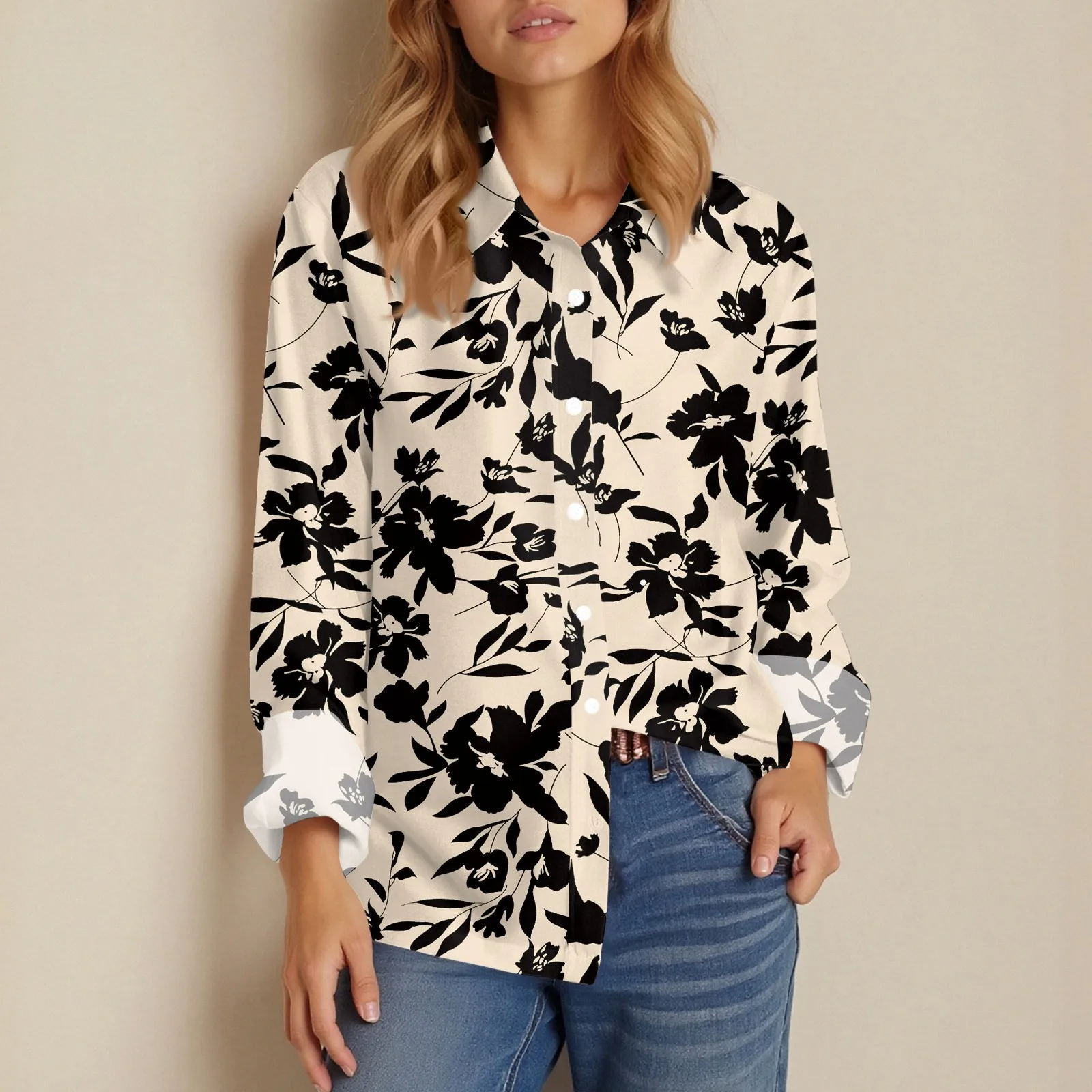 Shirt Women New Shirt Delicate Arrival Floral Pattern Lapel Design Long Sleeve Lady Elegant Button Shirt Clothes Temperament 1pc