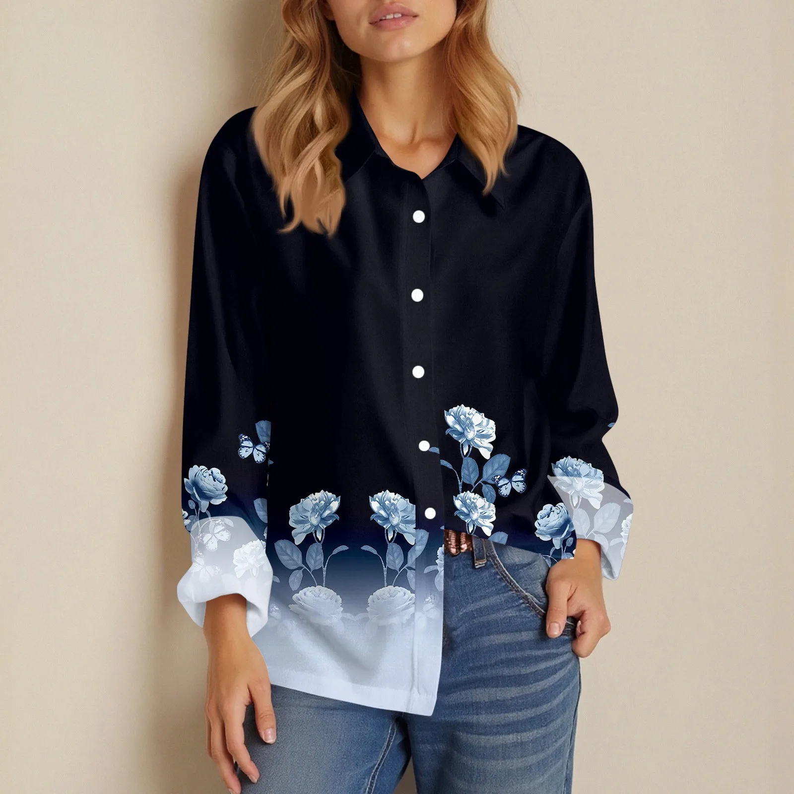 Shirt Women New Shirt Delicate Arrival Floral Pattern Lapel Design Long Sleeve Lady Elegant Button Shirt Clothes Temperament 1pc