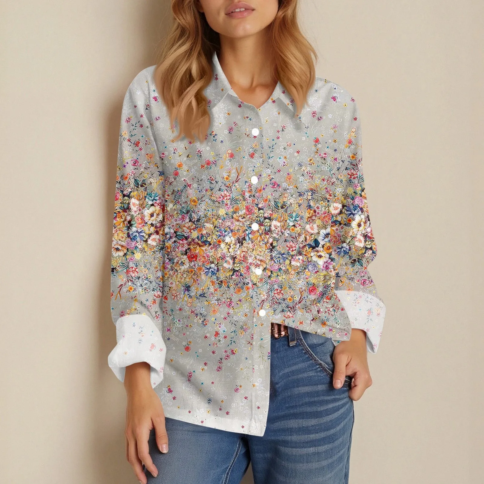 Shirt Women New Shirt Delicate Arrival Floral Pattern Lapel Design Long Sleeve Lady Elegant Button Shirt Clothes Temperament 1pc