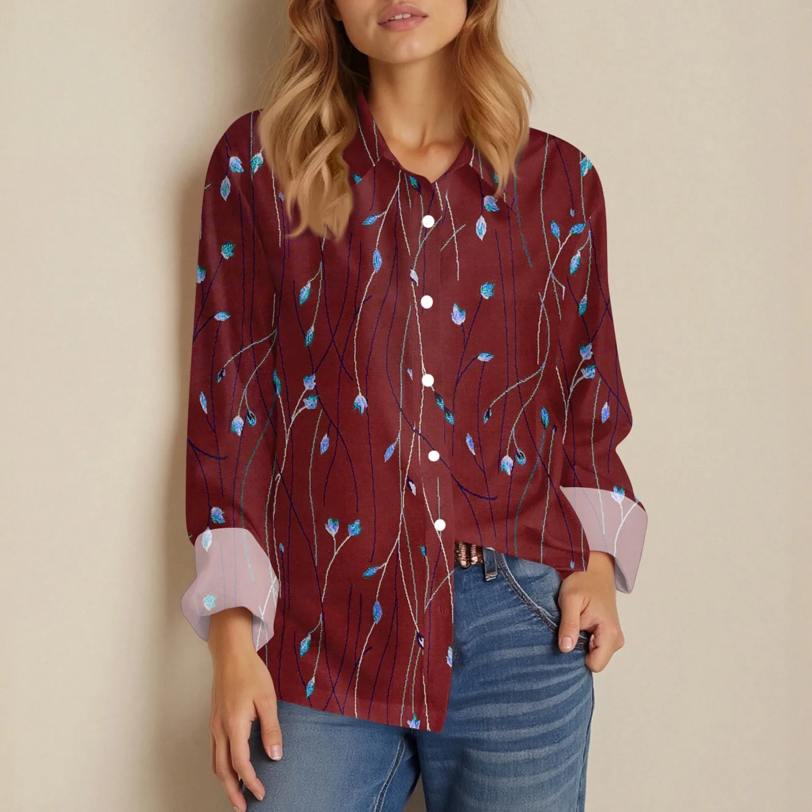 Shirt Women New Shirt Delicate Arrival Floral Pattern Lapel Design Long Sleeve Lady Elegant Button Shirt Clothes Temperament 1pc