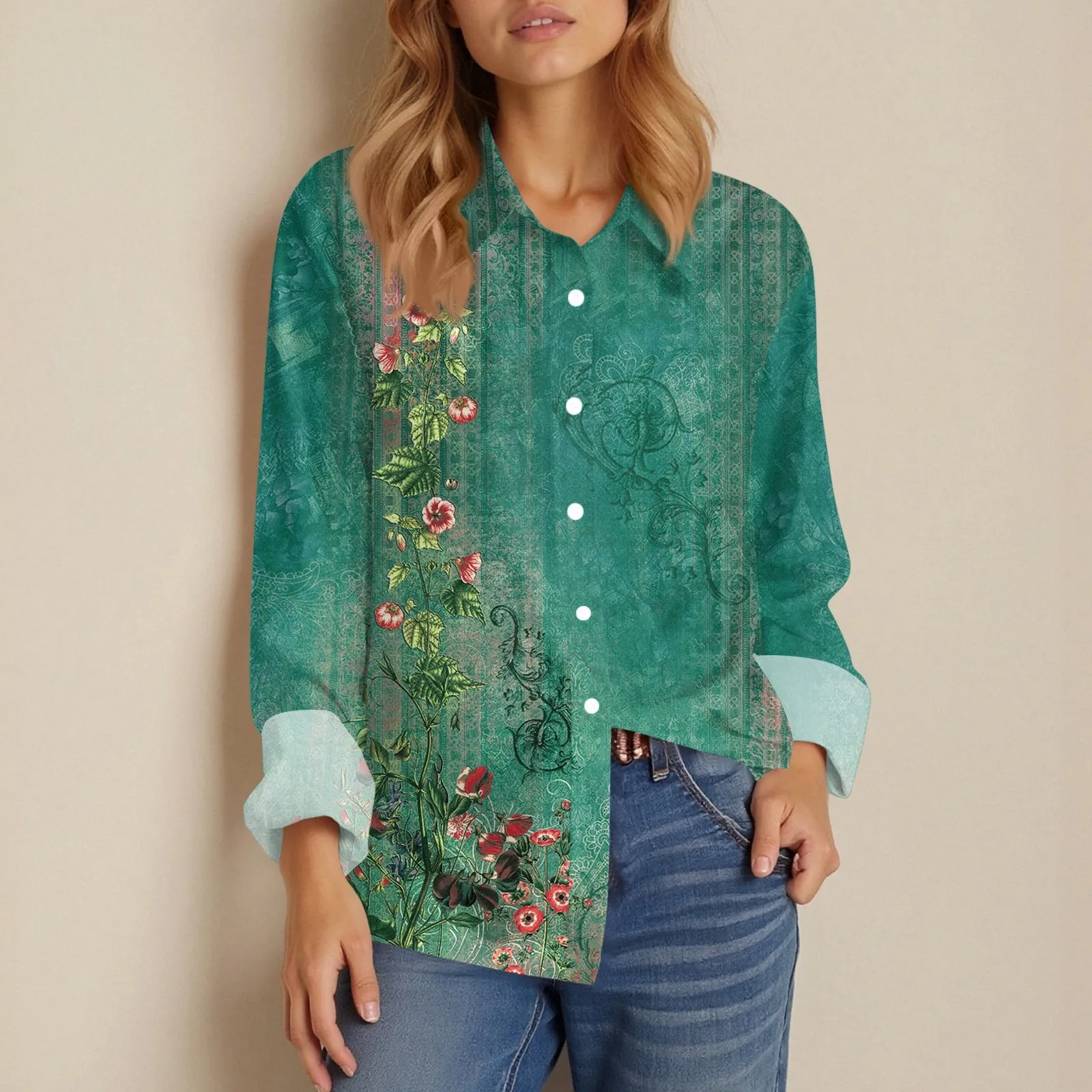 Shirt Women New Shirt Delicate Arrival Floral Pattern Lapel Design Long Sleeve Lady Elegant Button Shirt Clothes Temperament 1pc