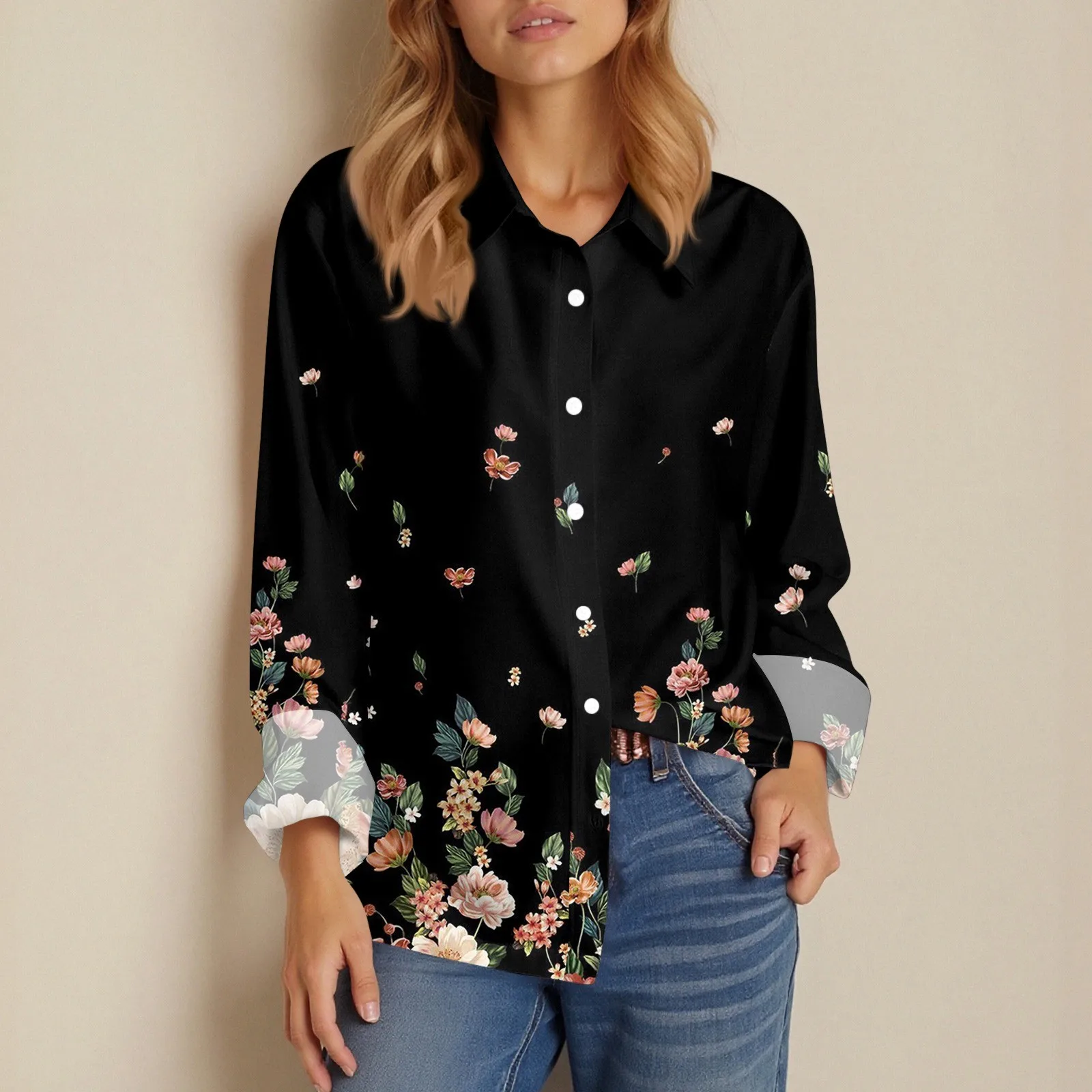 Shirt Women New Shirt Delicate Arrival Floral Pattern Lapel Design Long Sleeve Lady Elegant Button Shirt Clothes Temperament 1pc