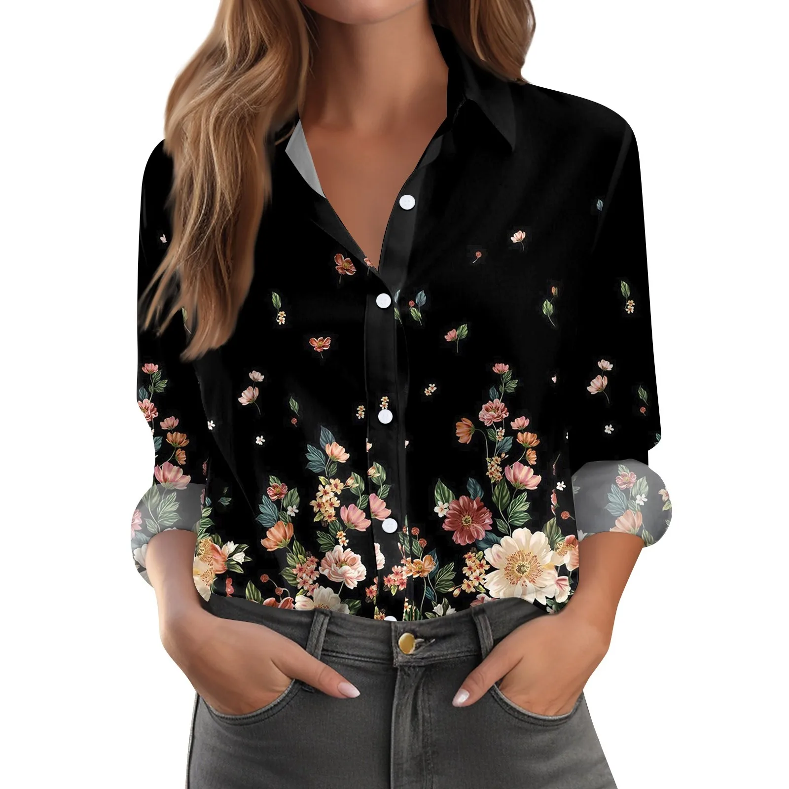 Shirt Women New Shirt Delicate Arrival Floral Pattern Lapel Design Long Sleeve Lady Elegant Button Shirt Clothes Temperament 1pc