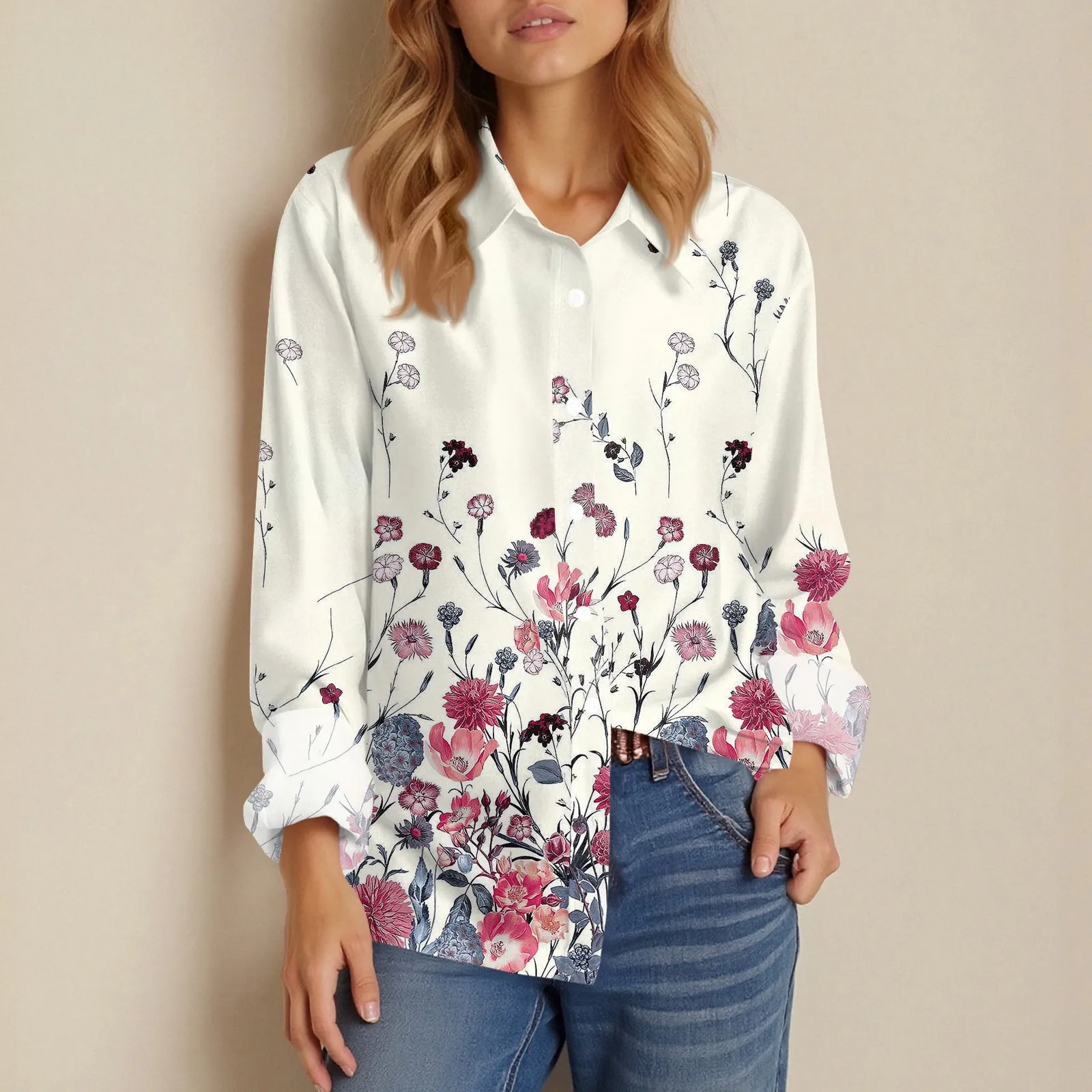 Shirt Women New Shirt Delicate Arrival Floral Pattern Lapel Design Long Sleeve Lady Elegant Button Shirt Clothes Temperament 1pc