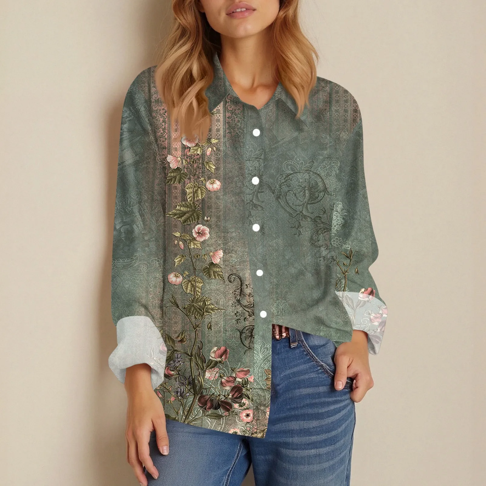 Shirt Women New Shirt Delicate Arrival Floral Pattern Lapel Design Long Sleeve Lady Elegant Button Shirt Clothes Temperament 1pc