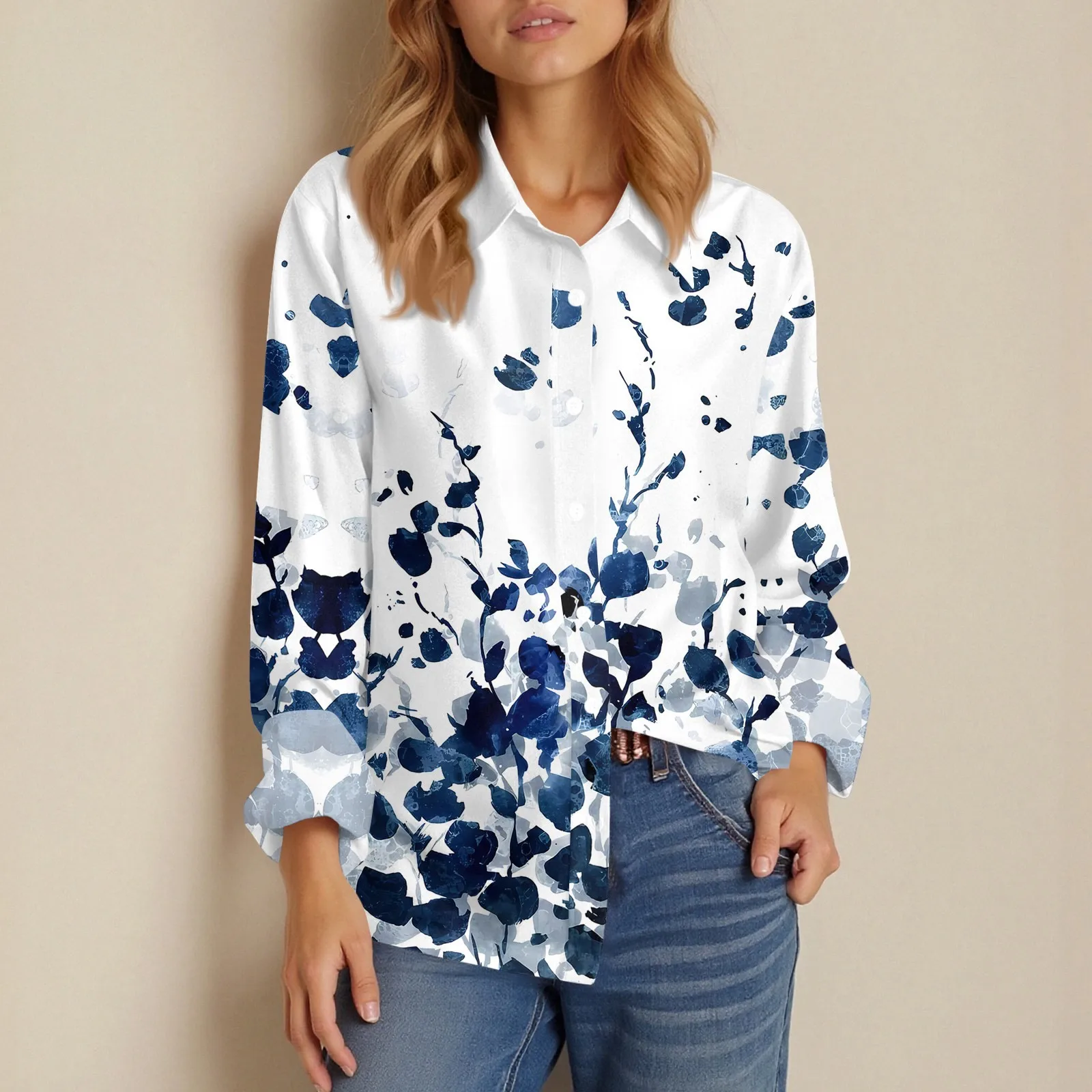 Shirt Women New Shirt Delicate Arrival Floral Pattern Lapel Design Long Sleeve Lady Elegant Button Shirt Clothes Temperament 1pc
