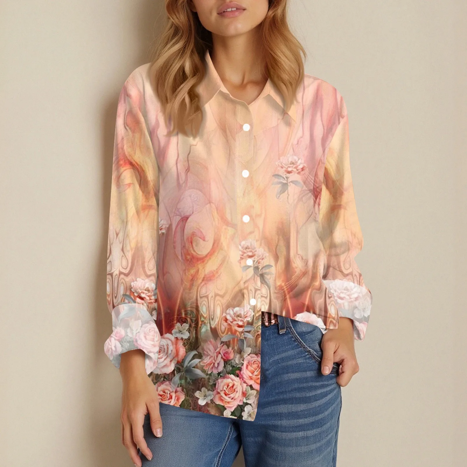 Shirt Women New Shirt Delicate Arrival Floral Pattern Lapel Design Long Sleeve Lady Elegant Button Shirt Clothes Temperament 1pc