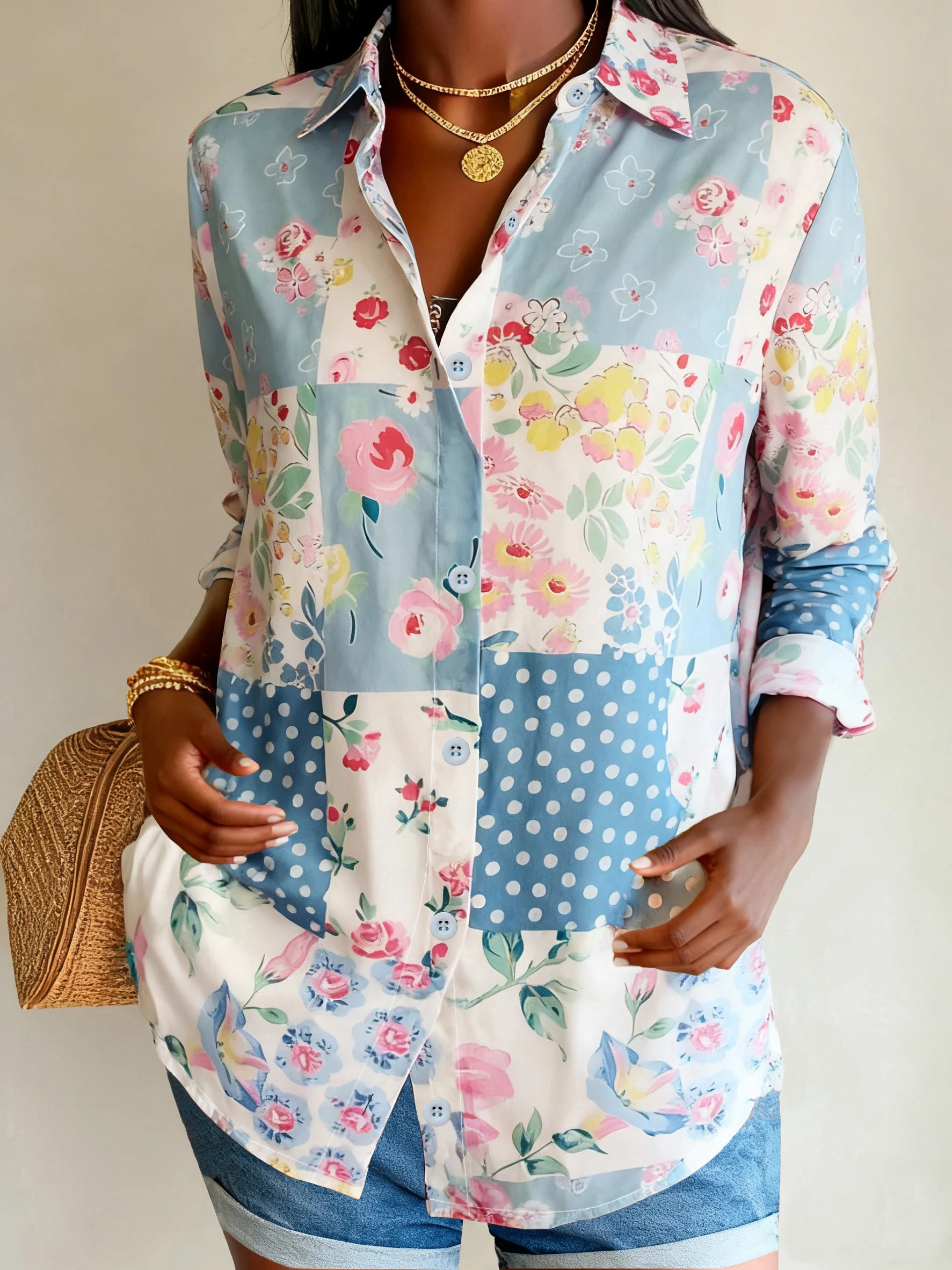 Floral Color Block Shirt - Spring Summer Loose Lightweight Vacation Daily Top