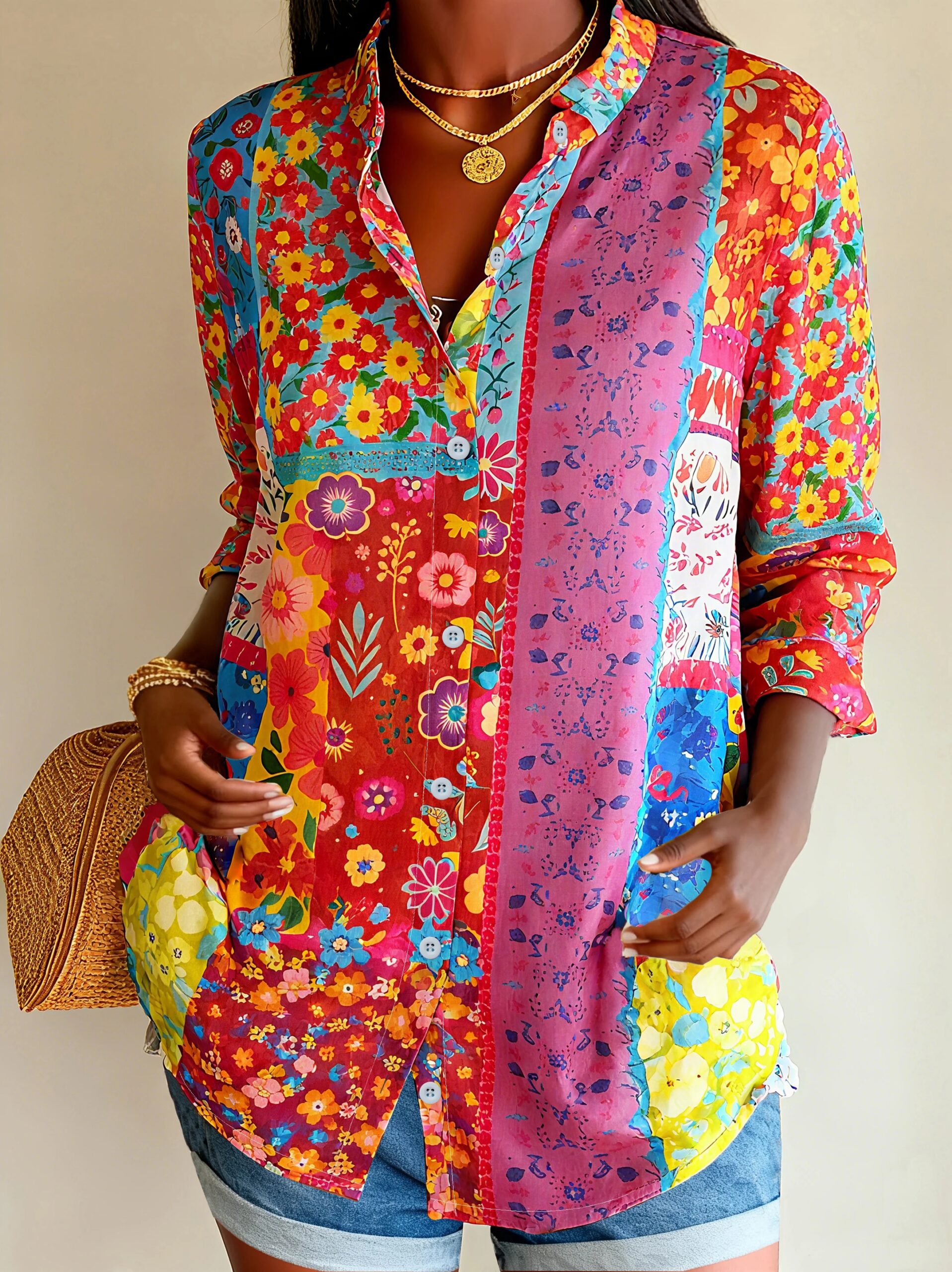 Floral Color Block Shirt - Spring Summer Loose Lightweight Vacation Daily Top