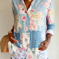 Floral Color Block Shirt - Spring Summer Loose Lightweight Vacation Daily Top