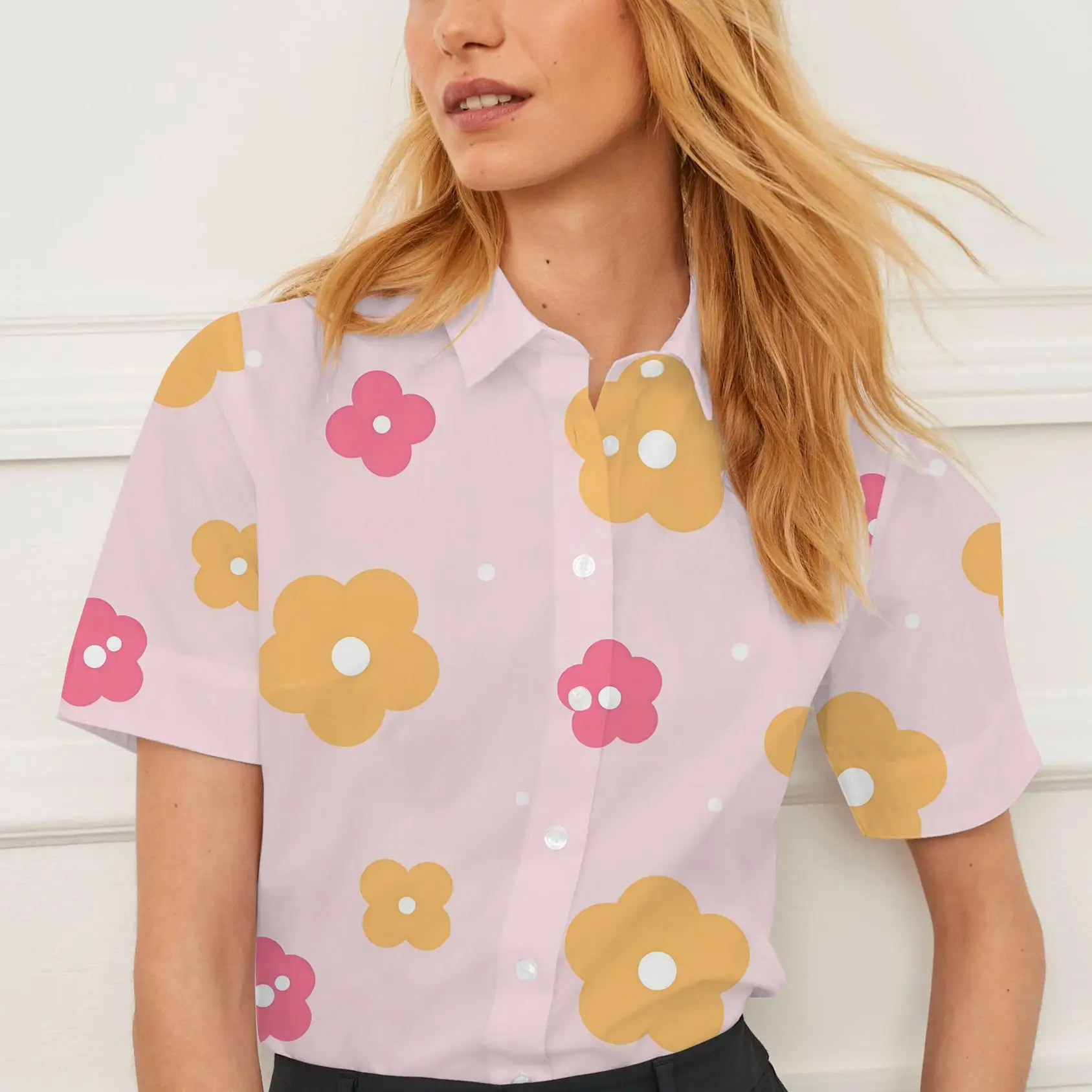 Short-sleeved shirt summer lapel women's tops flower pattern design suitable for going out casual women's fashion