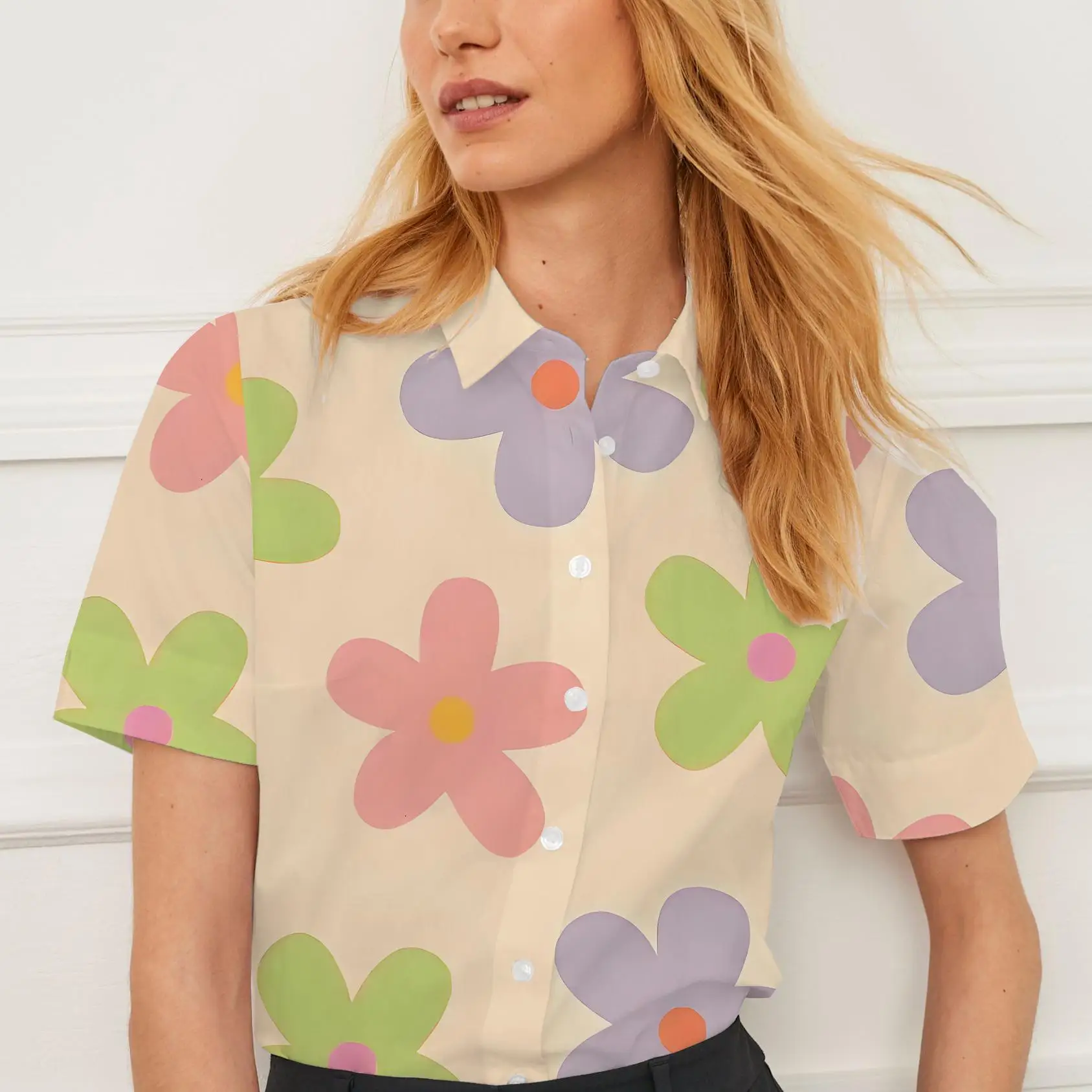 Short-sleeved shirt summer lapel women's tops flower pattern design suitable for going out casual women's fashion