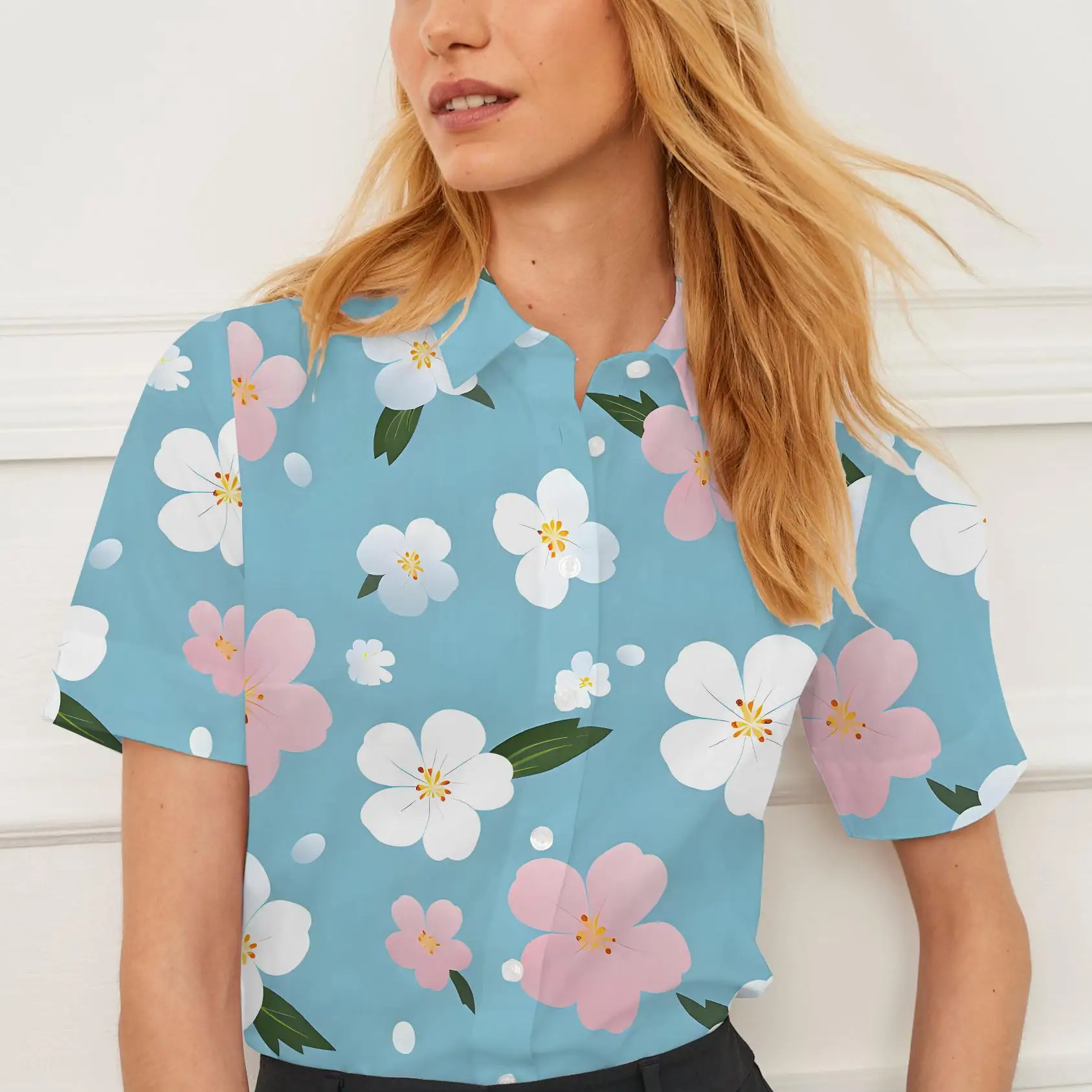 Short-sleeved shirt summer lapel women's tops flower pattern design suitable for going out casual women's fashion