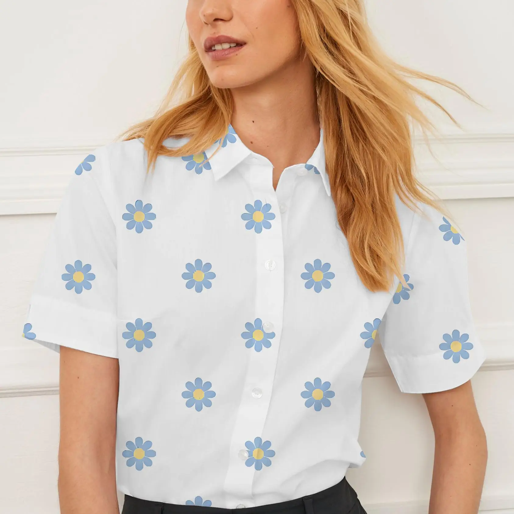 Short-sleeved shirt summer lapel women's tops flower pattern design suitable for going out casual women's fashion