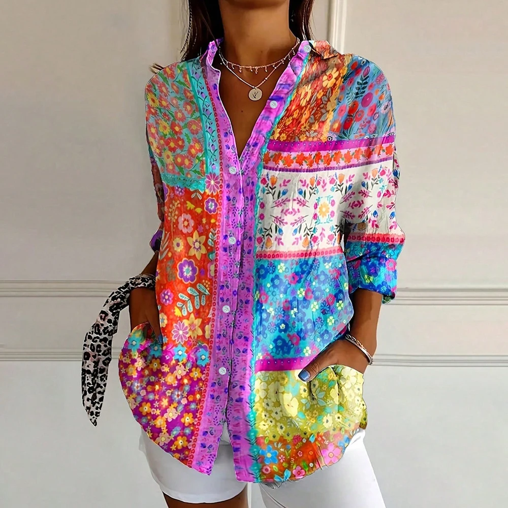 Plus Size Floral Printed Button Down Down Casual Blouse Loose V-Neck Single Row Button Long Sleeve Shirt