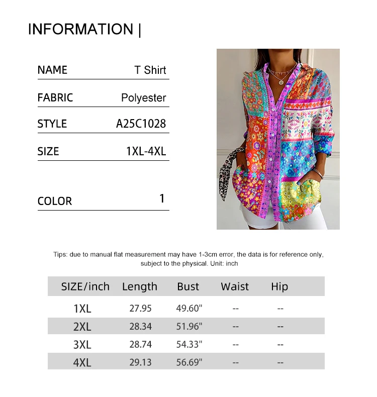 Plus Size Floral Printed Button Down Down Casual Blouse Loose V-Neck Single Row Button Long Sleeve Shirt